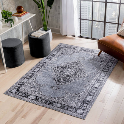 Tarifa Vintage Bohemian Medallion Grey Machine Washable Rug: 3'9" x 5'7"