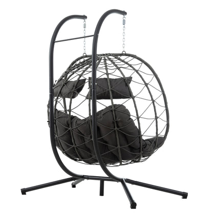 2 Persons Egg Chair with Stand Indoor Outdoor Swing Chair Patio Wicker Hanging Egg Chair Hanging Basket Chair with Stand for Bedroom Living Room Balcony