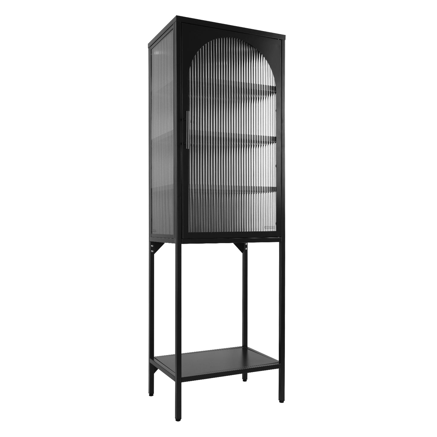 Stylish Tempered Glass High Cabinet with Arched Door Adjustable Shelves and Feet Anti-Tip Dust-free Fluted Glass Kitchen Credenza Black