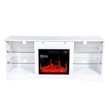 Fireplace TV Stand With 18 Inch Electric Fireplace Heater,Modern Entertainment Center for TVs up to 62 Inch With Adjustable Glass Shelves and Storage Cabinets  ( White )