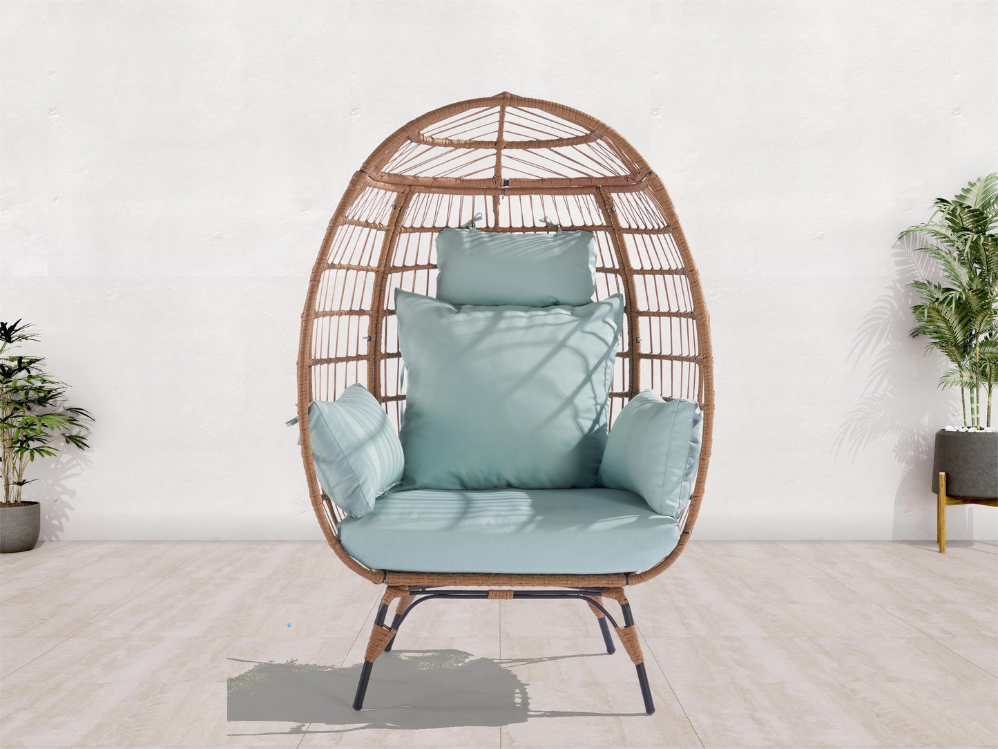 Wicker Egg Chair, Oversized Indoor Outdoor Lounger for Patio, Backyard, Living Room w/ 5 Cushions, Steel Frame,  - Light Blue