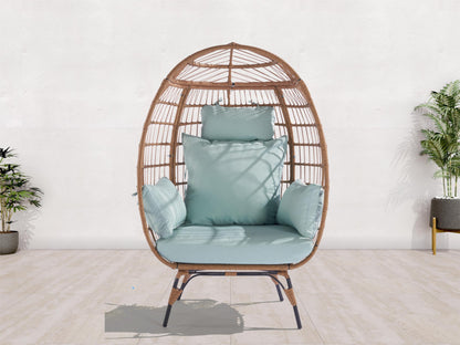 Wicker Egg Chair, Oversized Indoor Outdoor Lounger for Patio, Backyard, Living Room w/ 5 Cushions, Steel Frame,  - Light Blue