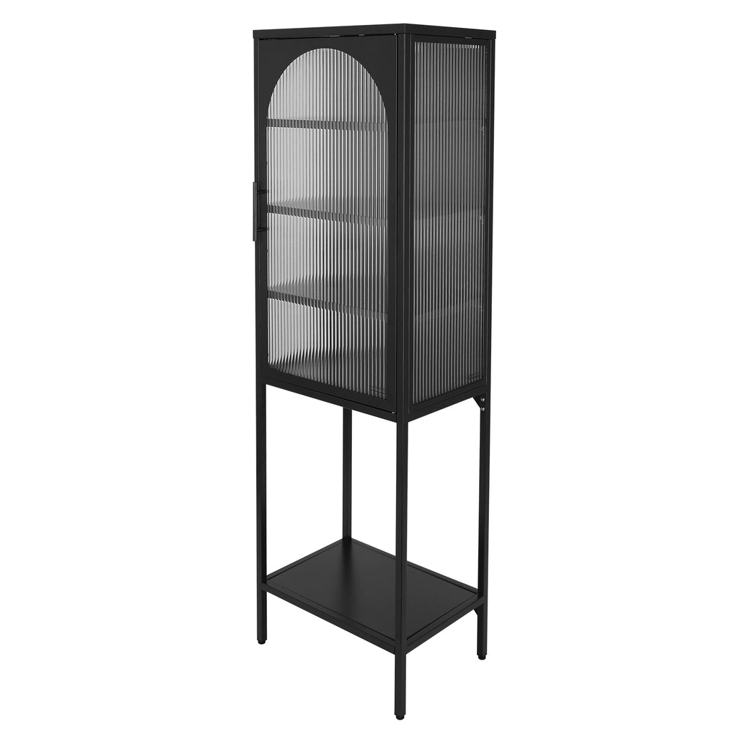 Stylish Tempered Glass High Cabinet with Arched Door Adjustable Shelves and Feet Anti-Tip Dust-free Fluted Glass Kitchen Credenza Black