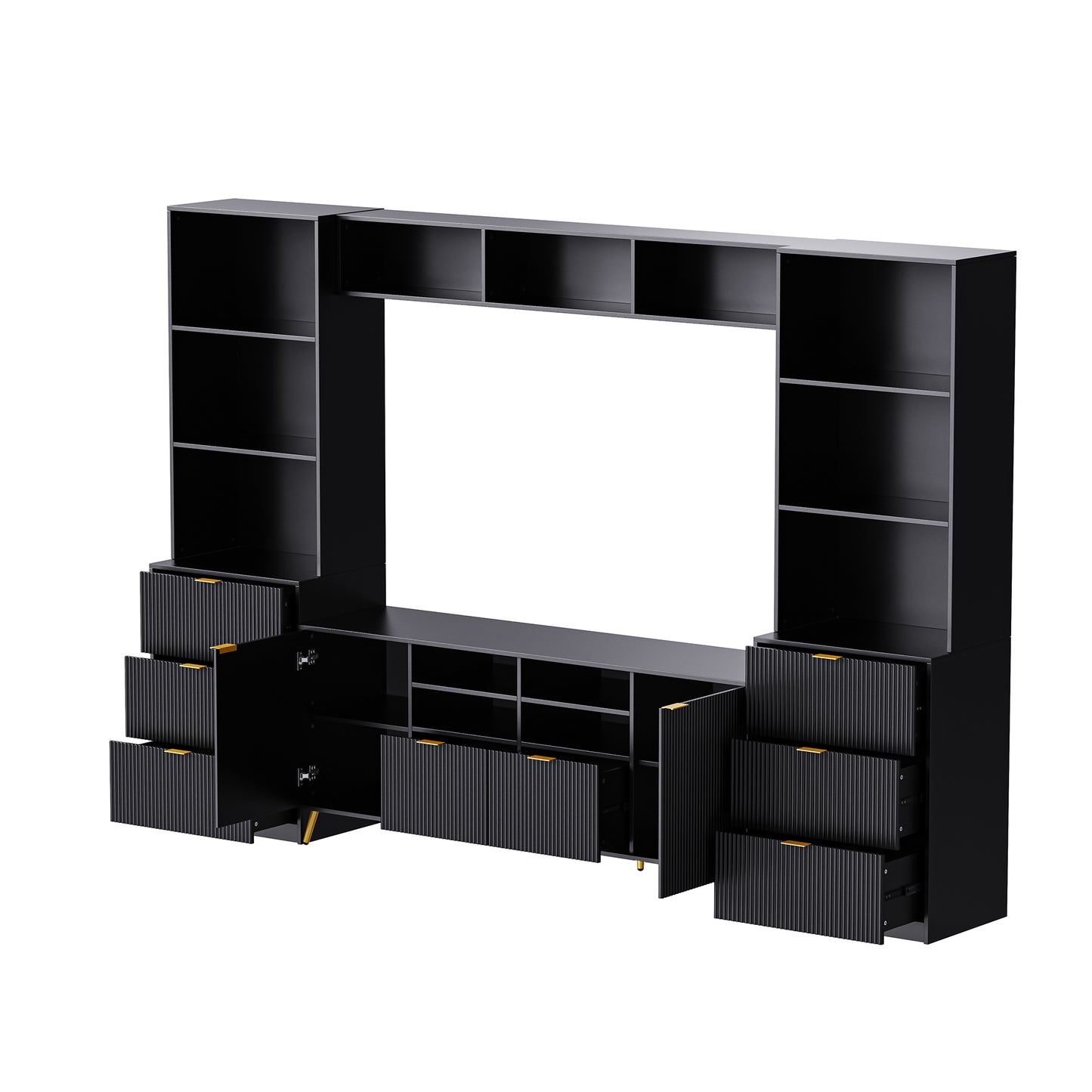 U-Can 4-Piece Entertainment Wall Unit with 13 shelves,8 Drawers and 2 Cabinets, Multifunctional TV Stand Media Storage Cabinet with Fluted Line Surface for Living Room, for TVs Up to 70"