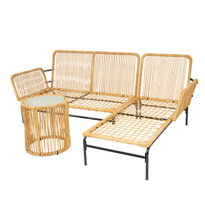 3 Pieces Outdoor Patio Wicker Furniture Sets Table and Chairs with 3.15-inches Thick Cushion Outdoor Sofa Set Natural Yellow Wicker + Creme Cushion