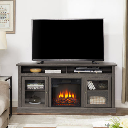 Contemporary TV Media Stand Modern Entertainment Console with 18" Fireplace Insert for TV Up to 65" with Open and Closed Storage Space, Dark Walnut/Black, 60"W*15.75"D*29"H