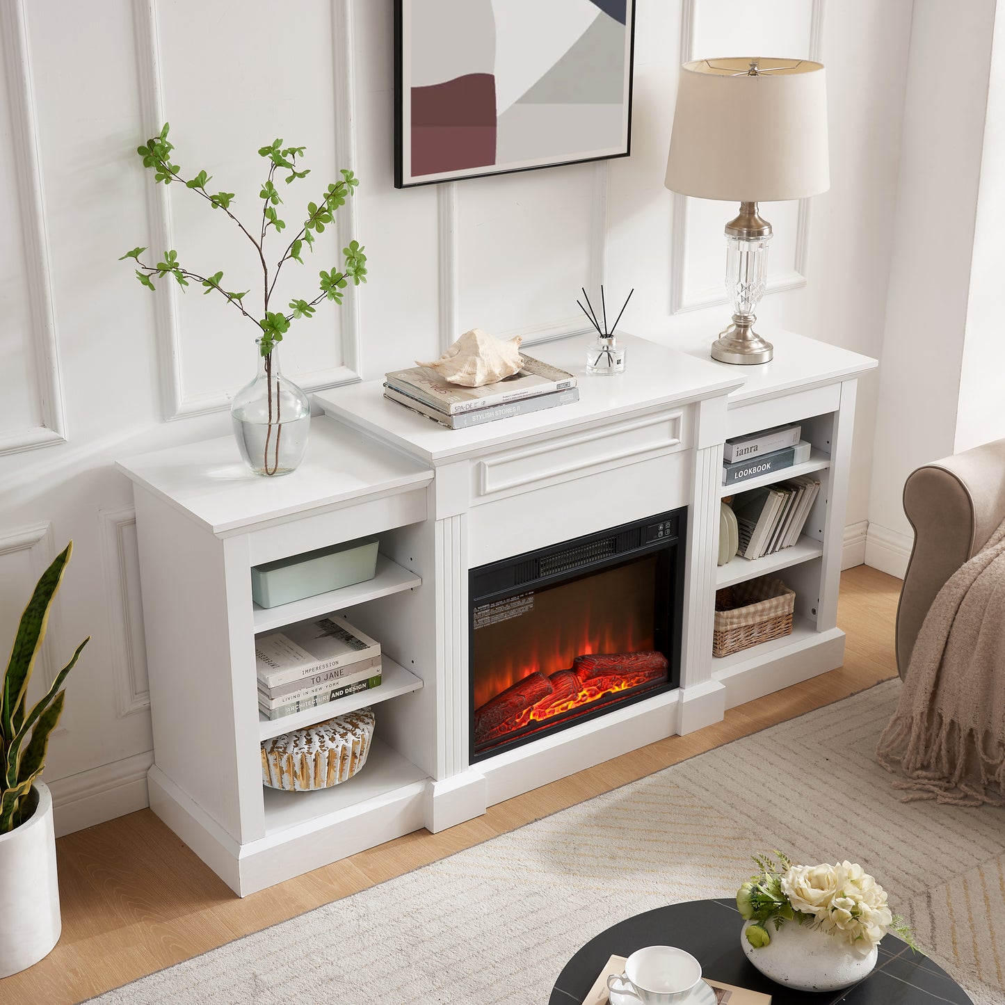 Media Console Table with Large Storage Cabinet, with 23" Fireplace Insert, for TV Up to 70'', Modern TV Media Entertaionment Stand, White, 65.75"W*17"D*32.48"H