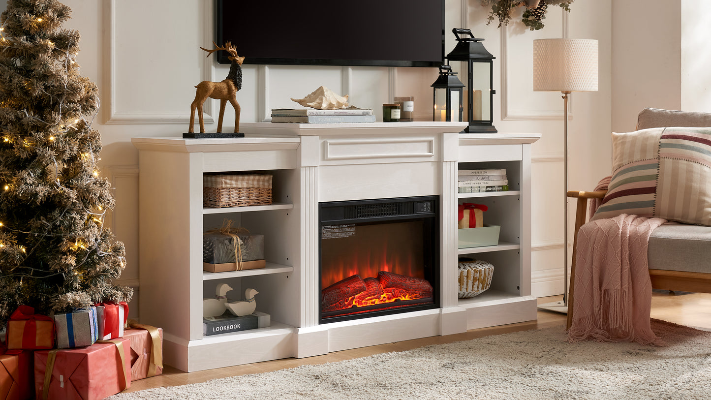 Media Console Table with Large Storage Cabinet, with 23" Fireplace Insert, for TV Up to 70'', Modern TV Media Entertaionment Stand, White, 65.75"W*17"D*32.48"H