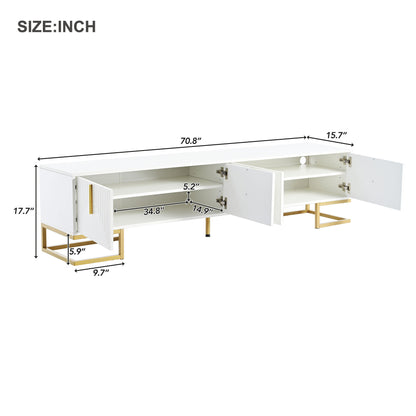 ON-TREND Modern TV Stand with Metal Legs and Gold Handles for TVs Up to 80'', Media Console Table with Cabinets and Adjustable Shelves, Luxury TV Cabinet with Geometric Lines for Living Room, White