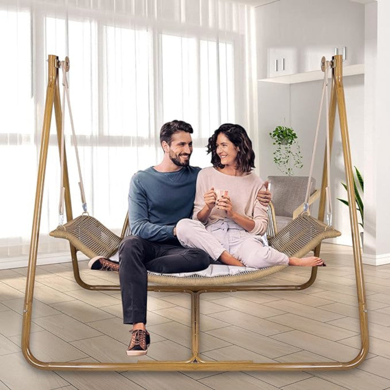 Hammock Swing Chair with Stand for Indoor,Outdoor, Anti-Rust Wood-Colored Frame 570 lbs Capacity with Cushion Oversized Double Hammock Chair for Patio Balcony Bedroom Ban on Amazon(OLD W1132P155978)