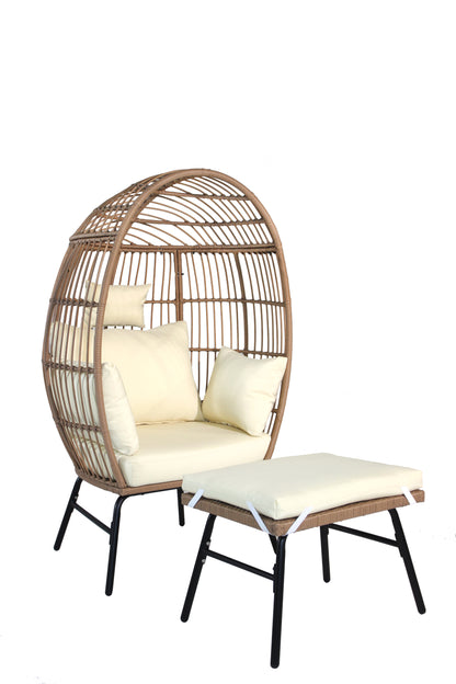 Outdoor Garden Wicker Egg Chair And Footstool Patio Chaise, With Cushions, Outdoor Indoor Basket Chair