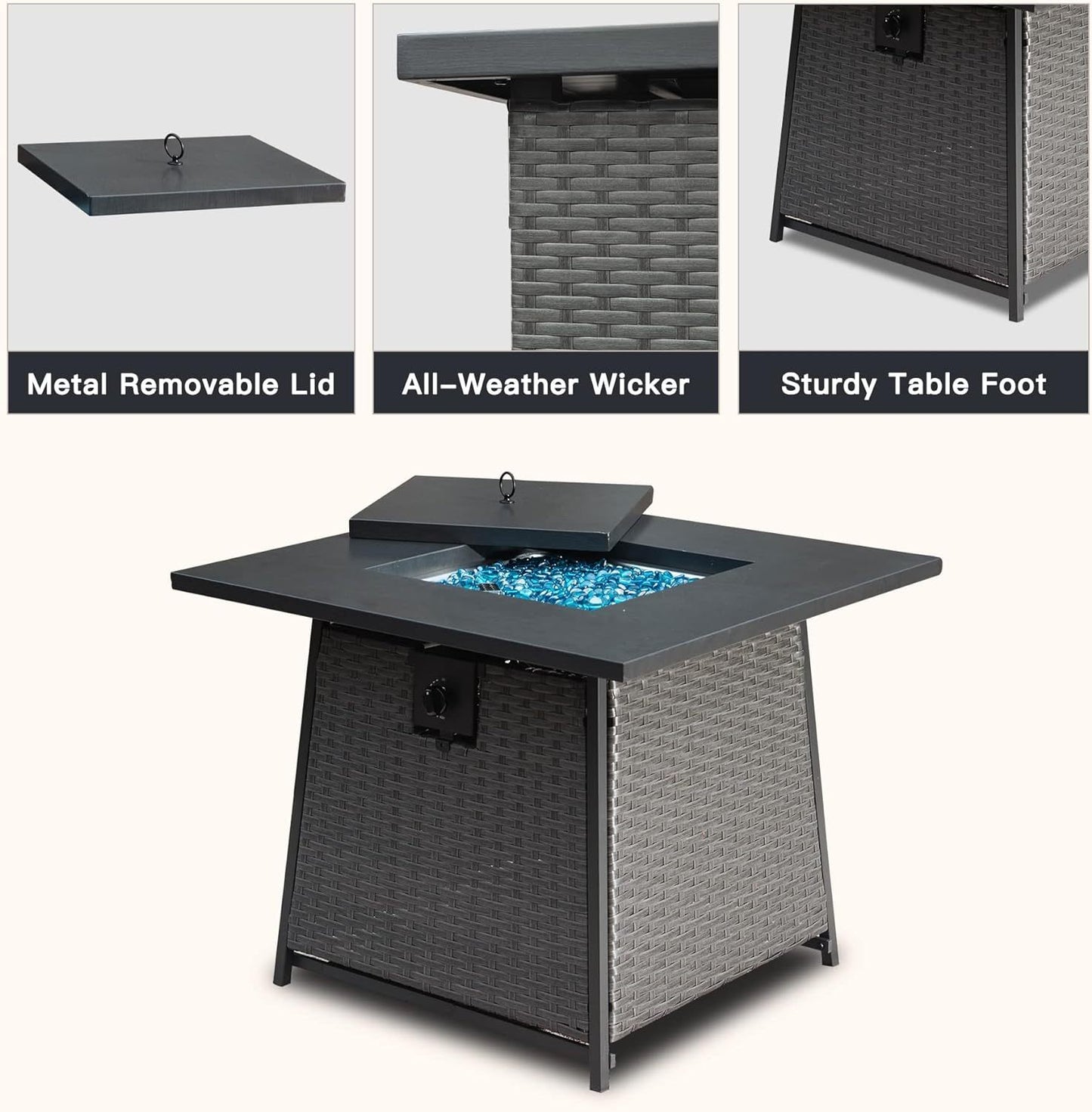 28 Inch Propane Fire Pits Table with Blue Glass Ball,50,000 BTU Outdoor Wicker Fire Table with ETL-Certified,2-in-1 Square Steel Gas Firepits (Dark Gray)