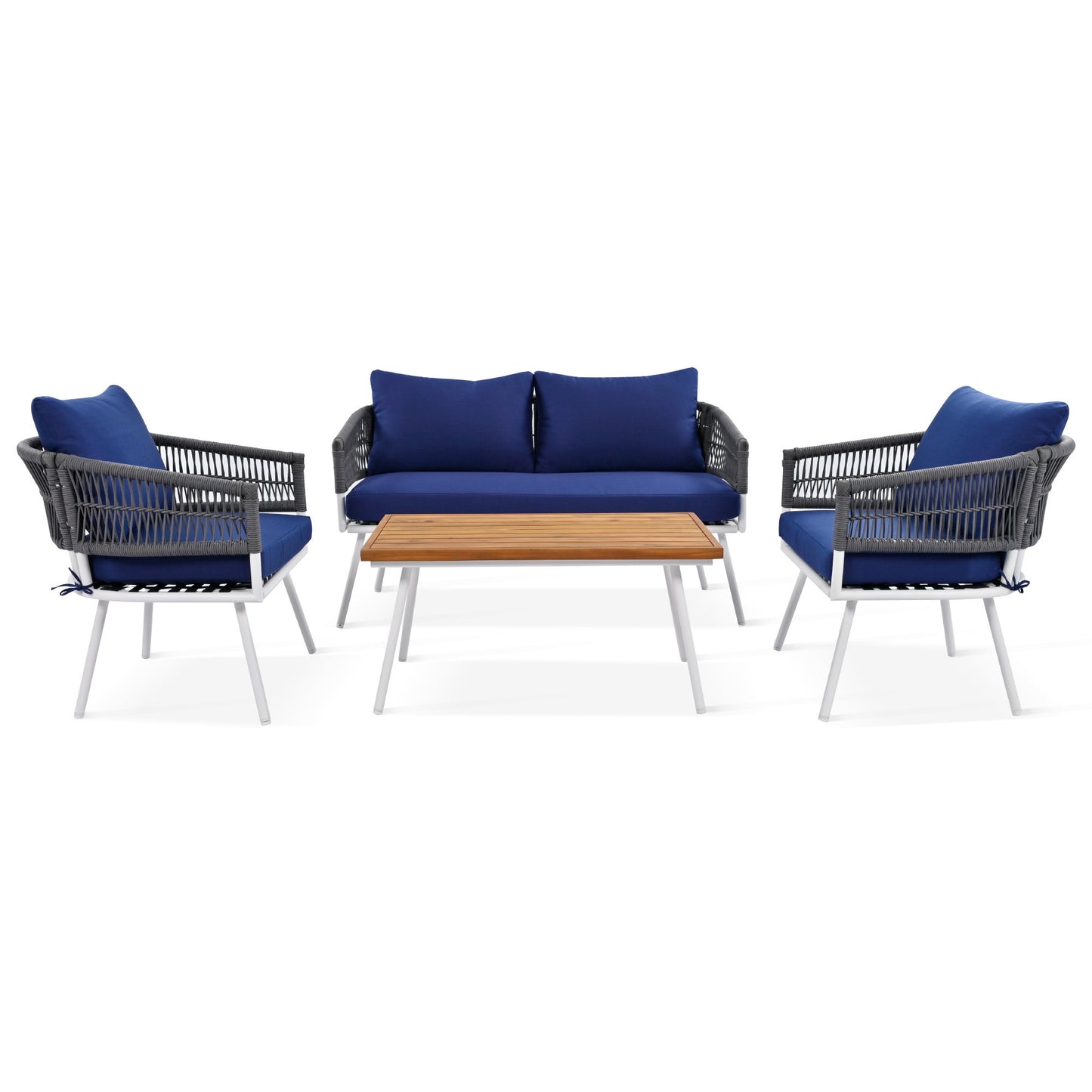 4-Piece Boho Rope Patio Furniture Set, Outdoor Furniture with Acacia Wood Table, Patio Conversation Set with Deep Seating & Thick Cushion for Backyard Porch Balcony, Navy Blue