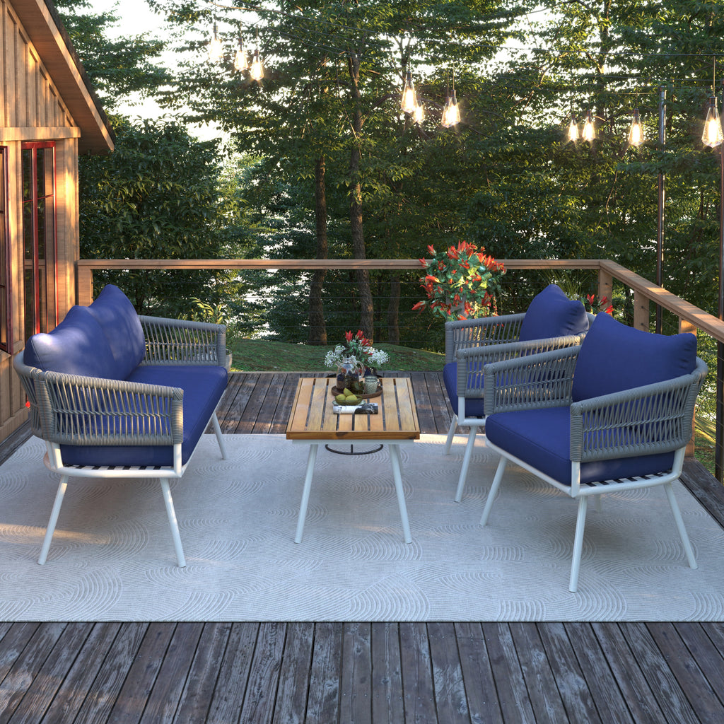 4-Piece Boho Rope Patio Furniture Set, Outdoor Furniture with Acacia Wood Table, Patio Conversation Set with Deep Seating & Thick Cushion for Backyard Porch Balcony, Navy Blue