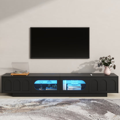 ON-TREND TV Stand with Fluted tempered Glass Doors for TVs Up to 95'', Functional Media Console with Arched Cabinet Doors, Entertainment Center with APP-Controlled LED Light for Living Room, Black