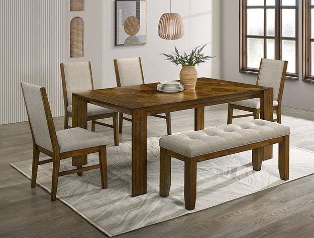 Hollister Parquet Table with Four Chairs and Bench