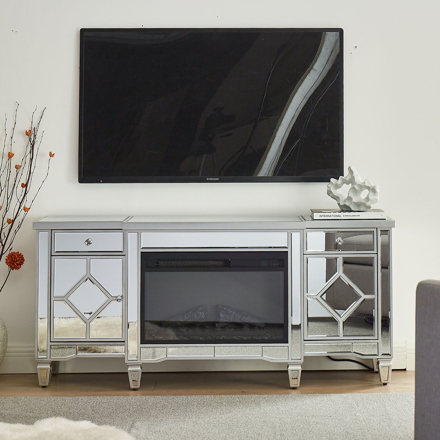 W 57" X D 15 " X H 25.6" Flash silver combination TV fireplace cabinet