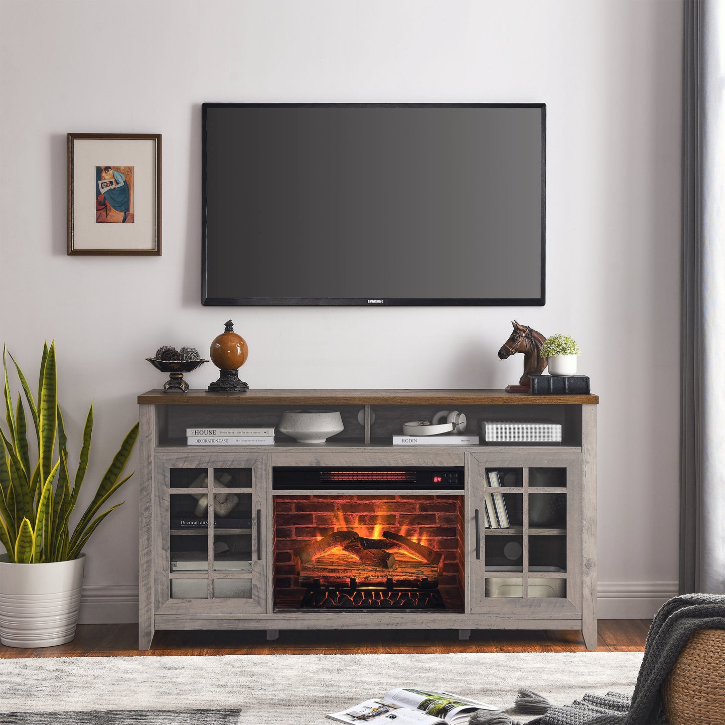 55 inch TV Media Stand with Electric Fireplace KD Inserts Heater,Gray Wash Color