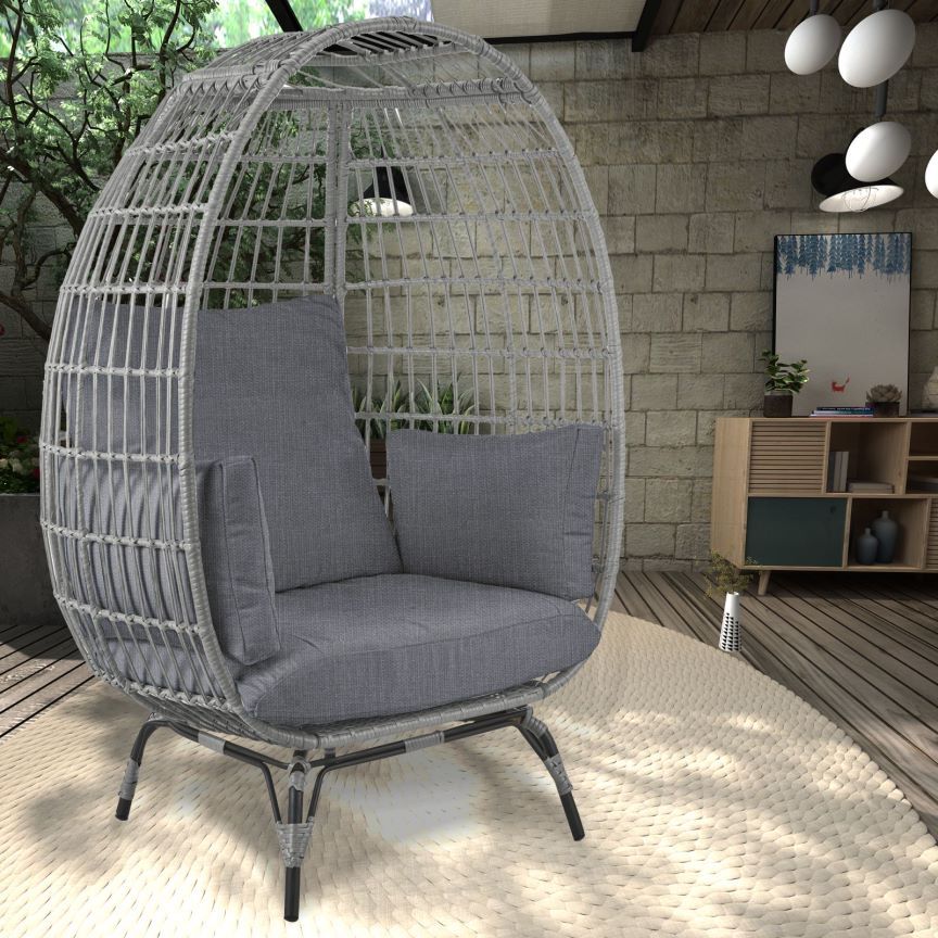 Large Outdoor Egg Chair, Indoor Patio Wicker Basket Chair with Cushion, Rattan Egg Chairs for Bedroom, Outside, Balcony,Grey