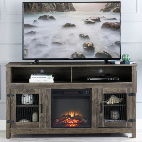 Modern Farmhouse TV Stand with Electric Fireplace, Fit up to 65" Flat Screen TV with Storage Cabinet and Adjustable Shelves Industrial Entertainment Center for Living Room, Grey