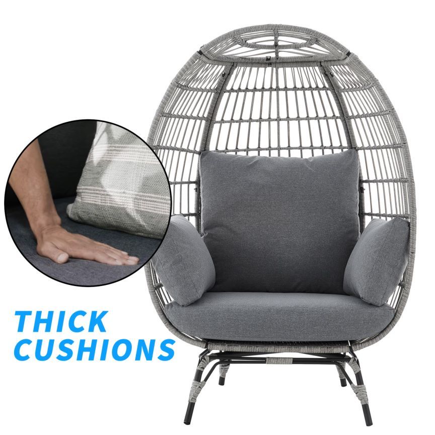 Large Outdoor Egg Chair, Indoor Patio Wicker Basket Chair with Cushion, Rattan Egg Chairs for Bedroom, Outside, Balcony,Grey