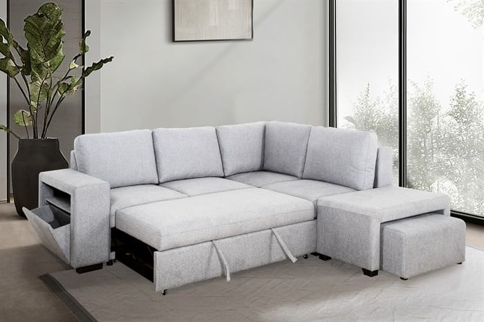 Langley Beige Pop-Up Sleeper Sectional with Storage Chaise and Ottoman