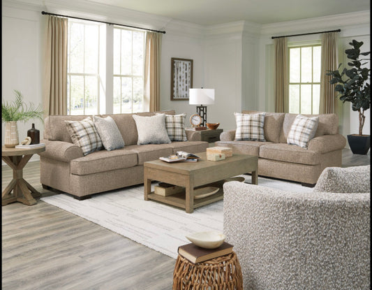 Oatmeal Transitional Rolled Arm Sofa and Loveseat
