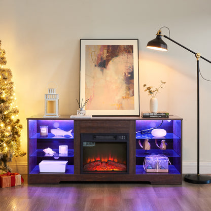 TV Stand Electric Fireplace  Glass Shelves, 3D Fireplace TV Stand with LED Lights Wood with USB Charging Outlet Modern Television Table Center for TV up to 62" ESP, 58''W*15.5''D*24.4