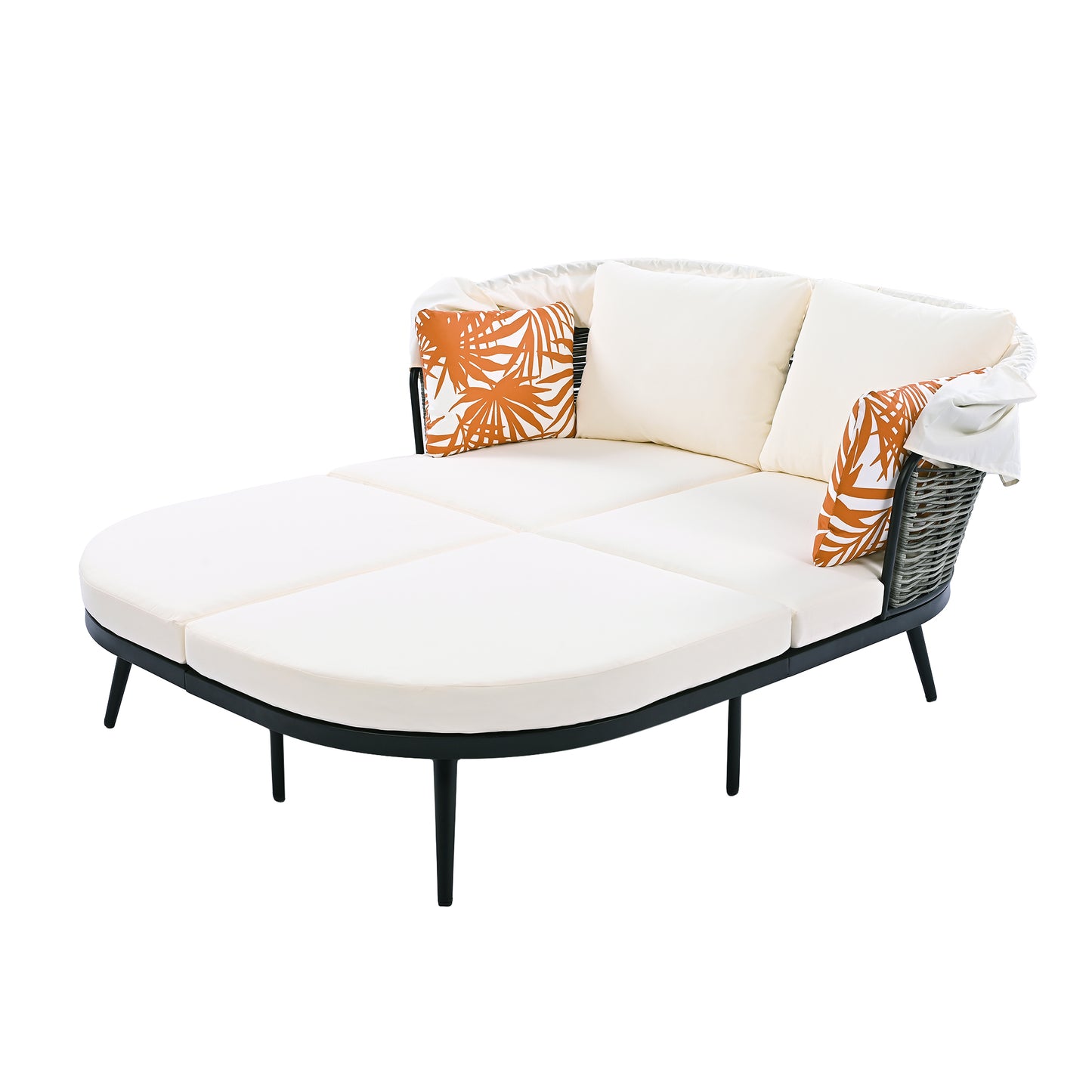 Daybed with Retractable Canopy, Outdoor Rattan PE Wicker Back Loveseat Sofa Set with Throw Pillows and Cushions for Backyard, Poolside, Garden, Beige