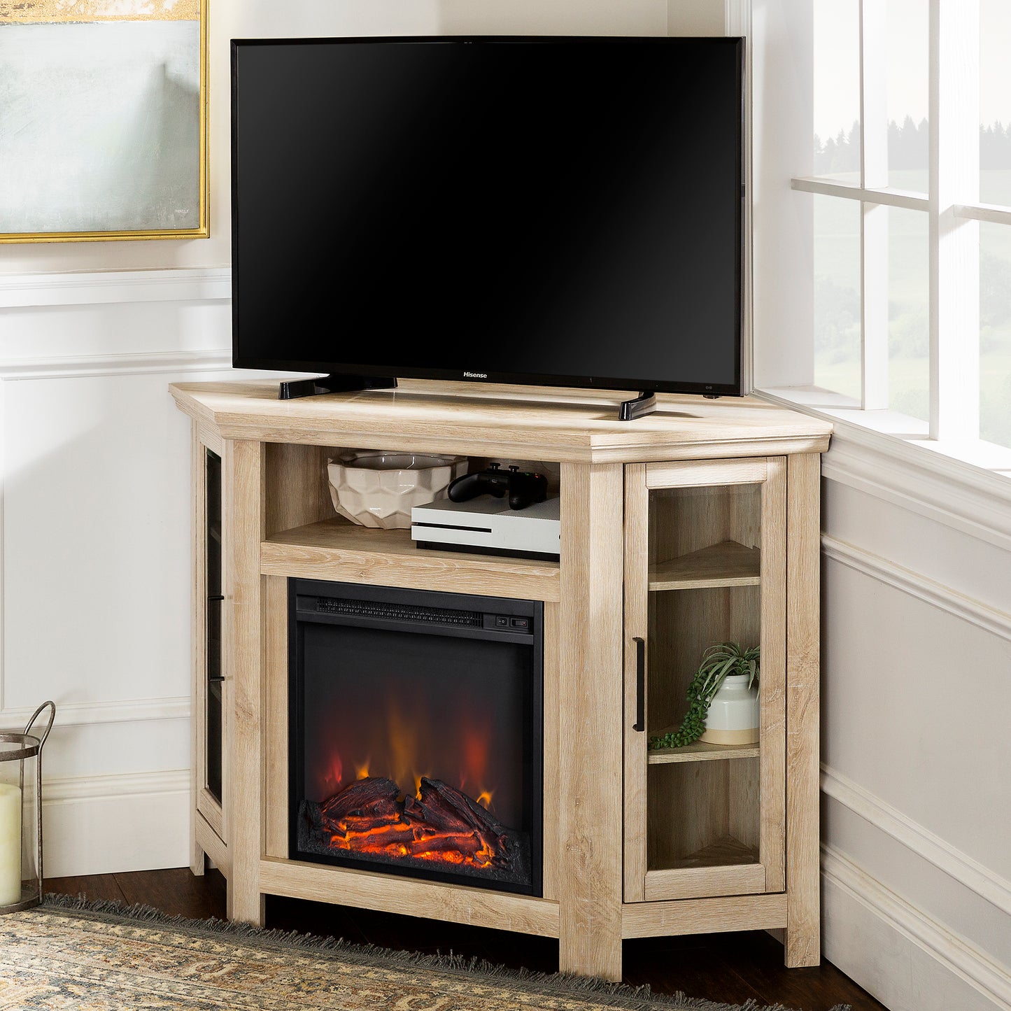 Classic Glass-Door Fireplace TV Stand for TVs up to 55" - White Oak