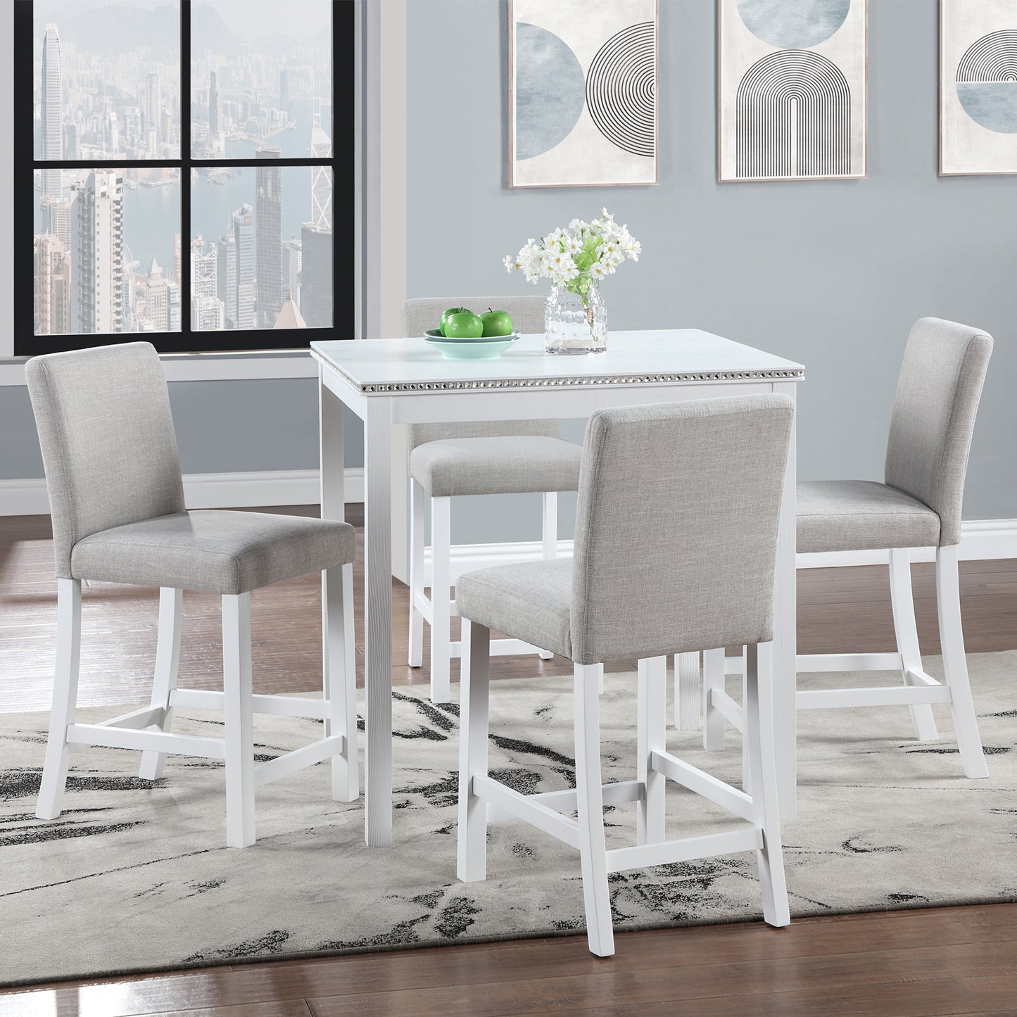 5 Piece Counter Height Table Set, Wooden Kitchen Table Set with Square Table and 4 Upholstered Chairs, Counter Height Dining Table with Crystal Decoration and Chair Set for Kitchen, Dining Room,White