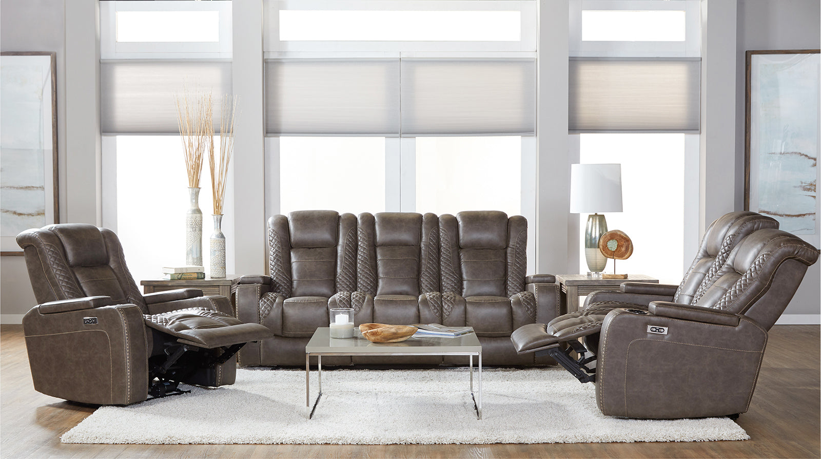 Power LED Cocoa Reclining Sofa and Reclining Loveseat