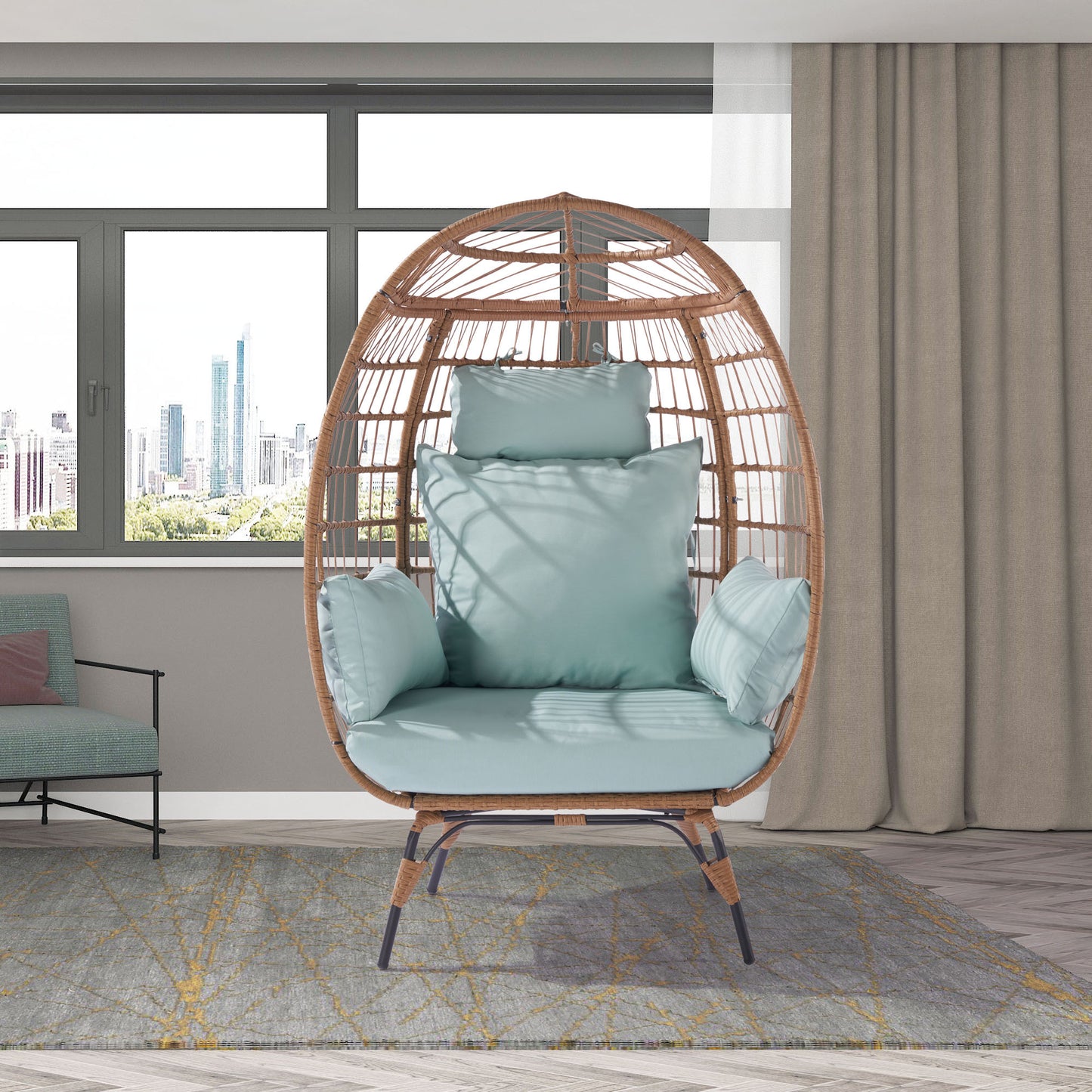 Wicker Egg Chair, Oversized Indoor Outdoor Lounger for Patio, Backyard, Living Room w/ 5 Cushions, Steel Frame,  - Light Blue