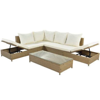 Patio 3-Piece Rattan Sofa Set All Weather PE Wicker Sectional Set with Adjustable Chaise Lounge Frame and Tempered Glass Table, Natural Brown