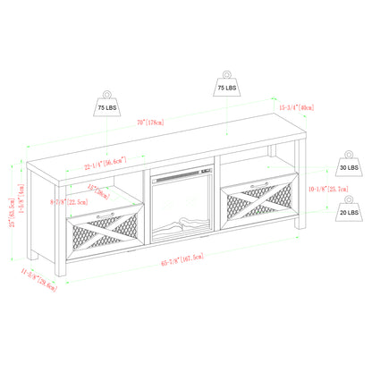 Industrial Farmhouse Metal Mesh Drop-Down X-Door 70" Fireplace TV Stand for 80" TVs - Rustic Oak