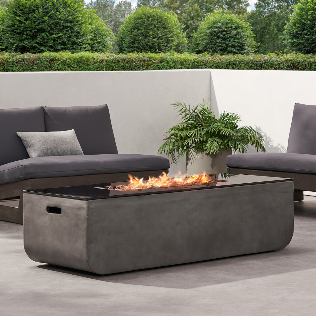 56" Outdoor Patio Concrete Fire table, Rectangle Gas Burning Fire Pit - 50, 000 BTU, Light Grey + Black Top (Tank Cover not Included)