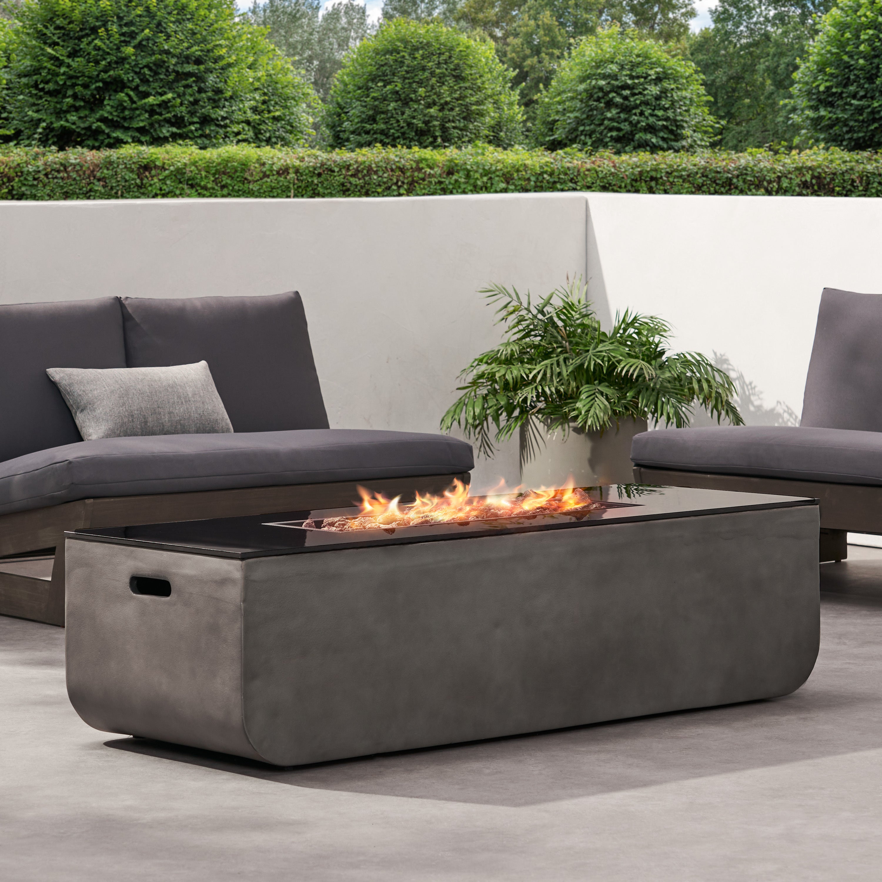 56" Outdoor Patio Concrete Fire table, Rectangle Gas Burning Fire Pit - 50, 000 BTU, Light Grey + Black Top (Tank Cover not Included)