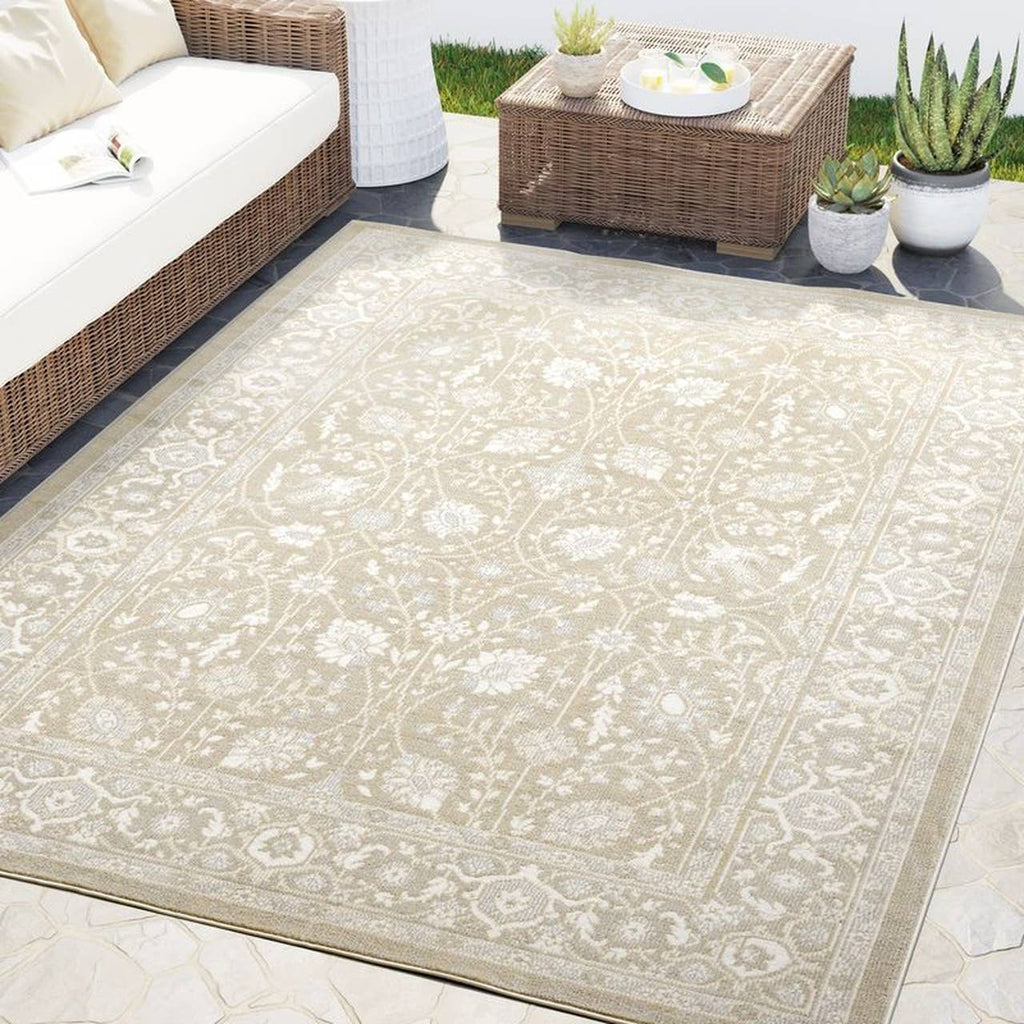 Dalia Floral Oriental Sand Indoor Outdoor Rug: 5'3" x 7'6"