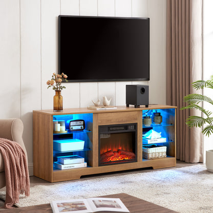 TV Stand Electric Fireplace  Glass Shelves, 3D Fireplace TV Stand with LED Lights Wood with USB Charging Outlet Modern Television Table Center for TV up to 62" OAK 58''W*15.5''D*24.4