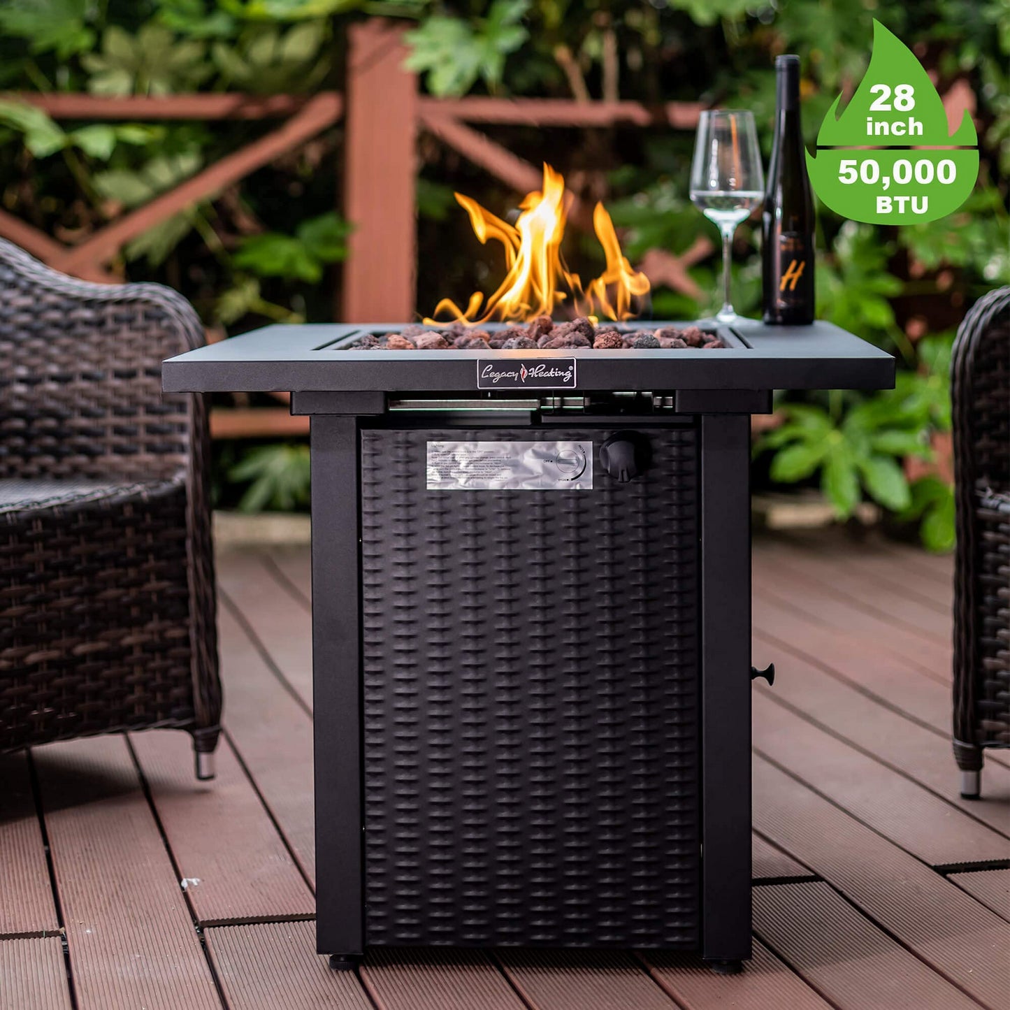 28in Outdoor Propane Fire Pit Table, 50,000BTU, Outside Gas Dinning Fire Table with Lid, Rattan & Wicker-Look, Lava Stone, ETL Certification, with Adjustable Flame Apply to Garden Patio Backyard