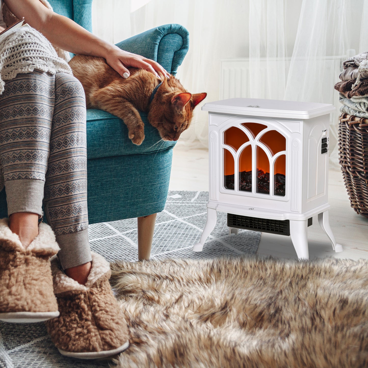 HOMCOM 17" Freestanding Electric Fireplace Stove, Fire Place Heater with Realistic Logs and Flame Effect and Overheat Protection, 750W/1500W, White