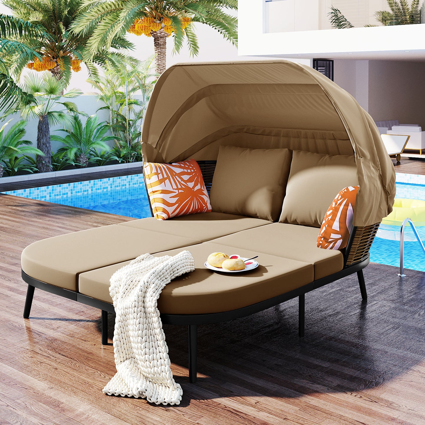 Patio Daybed with Retractable Canopy, Outdoor Rattan PE Wicker Back Loveseat Sofa Set with Throw Pillows and Cushions for Backyard, Poolside, Garden, Brown