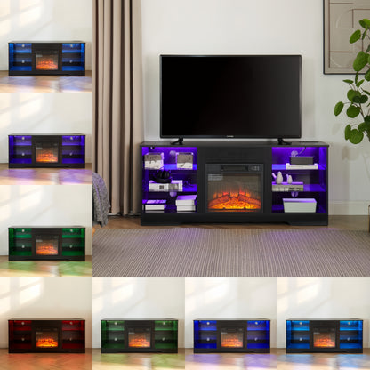 TV Stand Electric Fireplace TV Stand with Glass Shelves, 3D Fireplace TV Stand with LED Lights Wood with USB Charging Outlet Modern Television Table Center for TV up to 32-62" Black 58''W*15.5''D*24.4