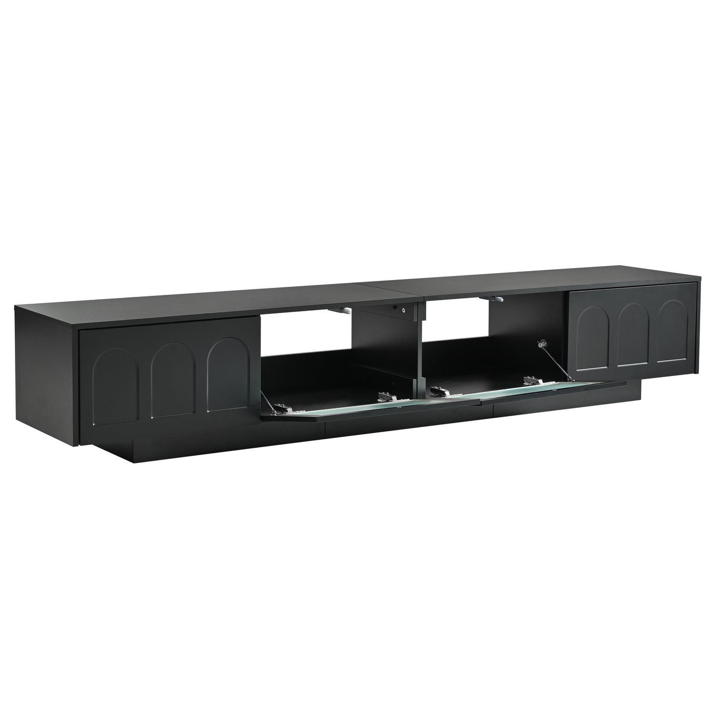 ON-TREND TV Stand with Fluted tempered Glass Doors for TVs Up to 95'', Functional Media Console with Arched Cabinet Doors, Entertainment Center with APP-Controlled LED Light for Living Room, Black