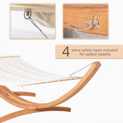 Outsunny Outdoor Hammock with Stand, Extra Large Heavy Duty Wooden Frame, No Tree Needed, 12.8' Indoor Outside Boho Style Nap Bed, Natural Cotton, White