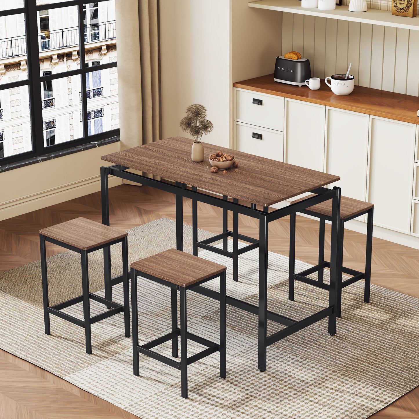 TREXM 5-Piece Compact Bar Table Set with Table and Stools - Modern Industrial Design, Space-Saving Furniture for Dining Room and Breakfast Nook (Dark Brown)