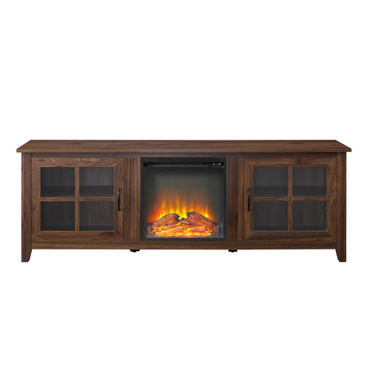 Modern Farmhouse 2-Door Glass Windowpane 70" Fireplace TV Stand for 80" TVs - Dark Walnut