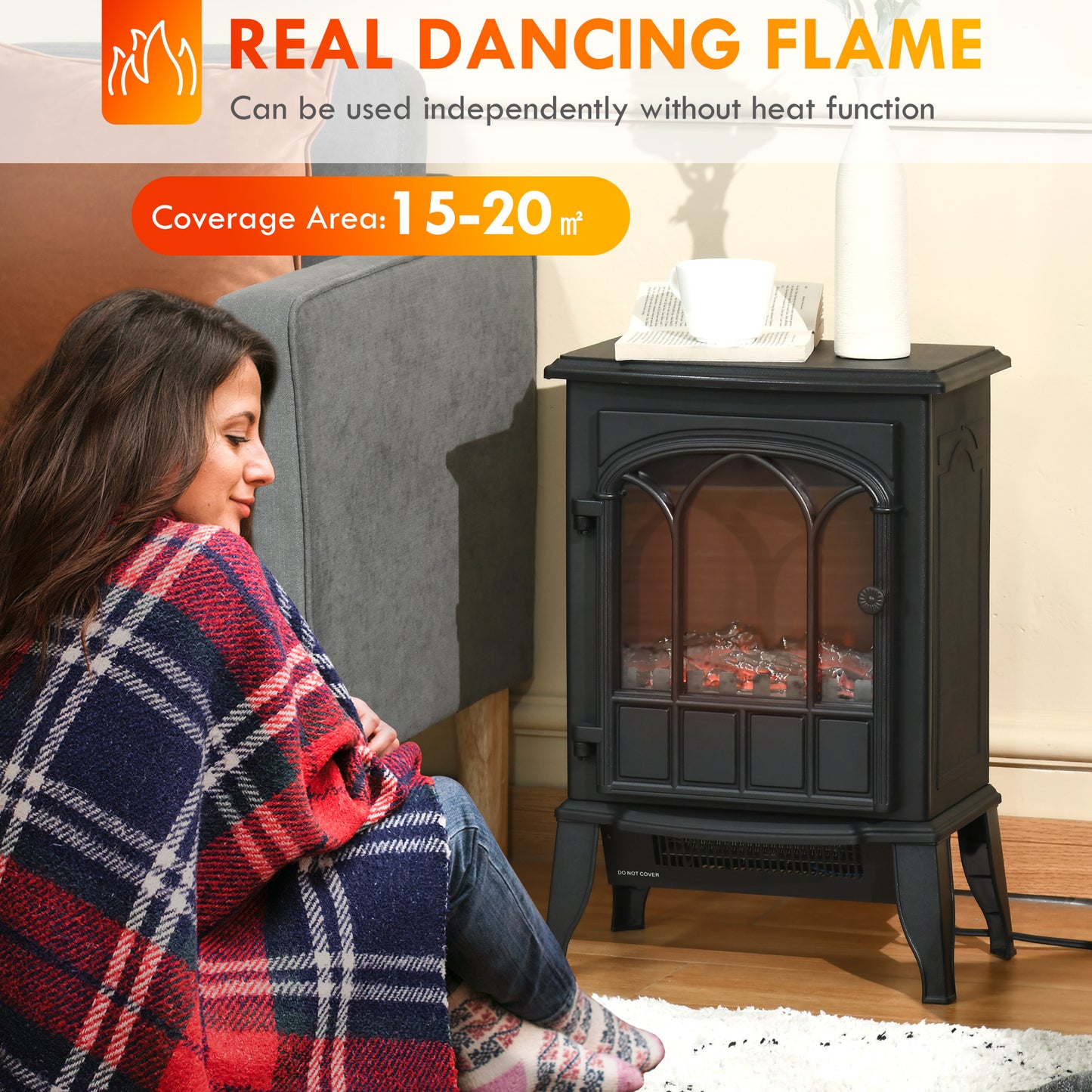 22" Electric Fireplace Stove, Freestanding Fire Place Heater with Realistic Logs and LED Flame, Adjustable Temperature, Overheat Protection, 750W/1500W, Black