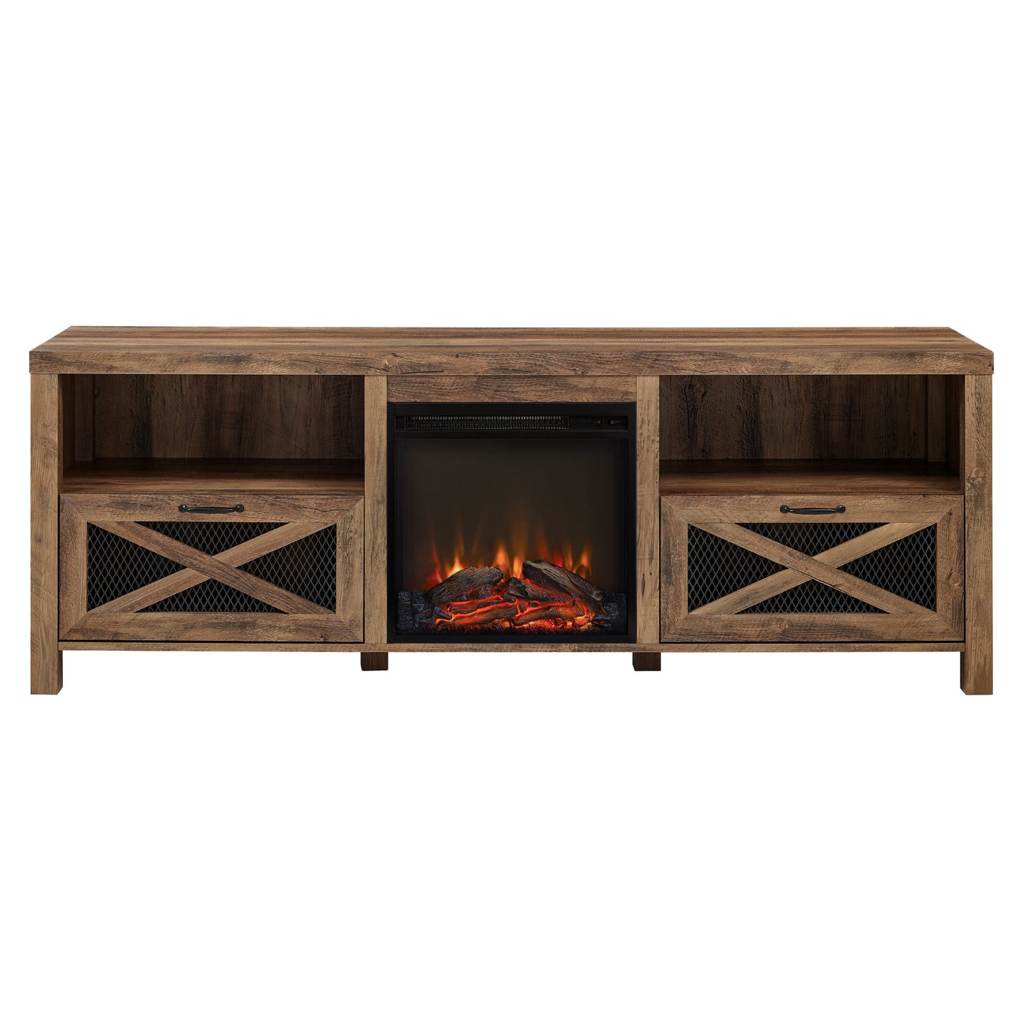 Industrial Farmhouse Metal Mesh Drop-Down X-Door 70" Fireplace TV Stand for 80" TVs - Rustic Oak