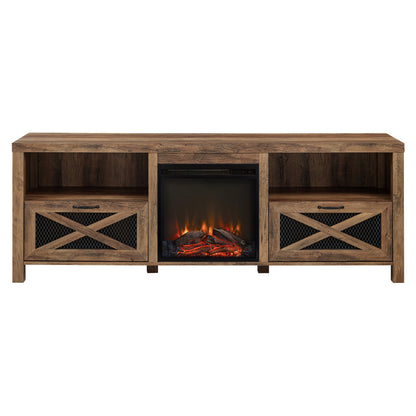 Industrial Farmhouse Metal Mesh Drop-Down X-Door 70" Fireplace TV Stand for 80" TVs - Rustic Oak